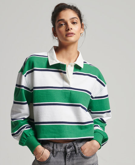 Vintage Cropped Long Sleeve Rugby Top Green Stripe Superdry